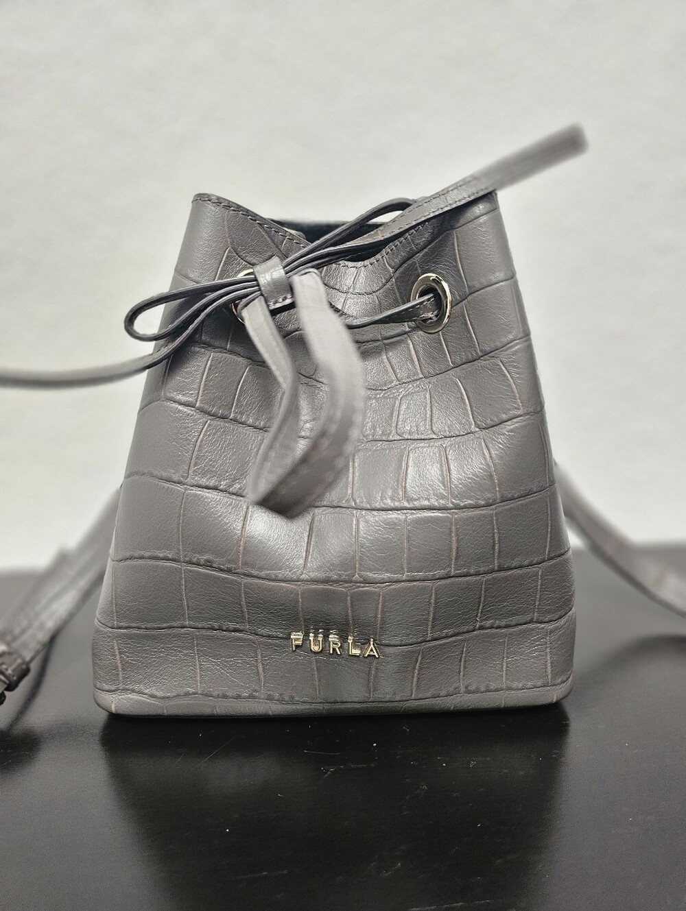 Authentic FURLA Grey Croc-Embossed Leather Drawstring Bucket Bag